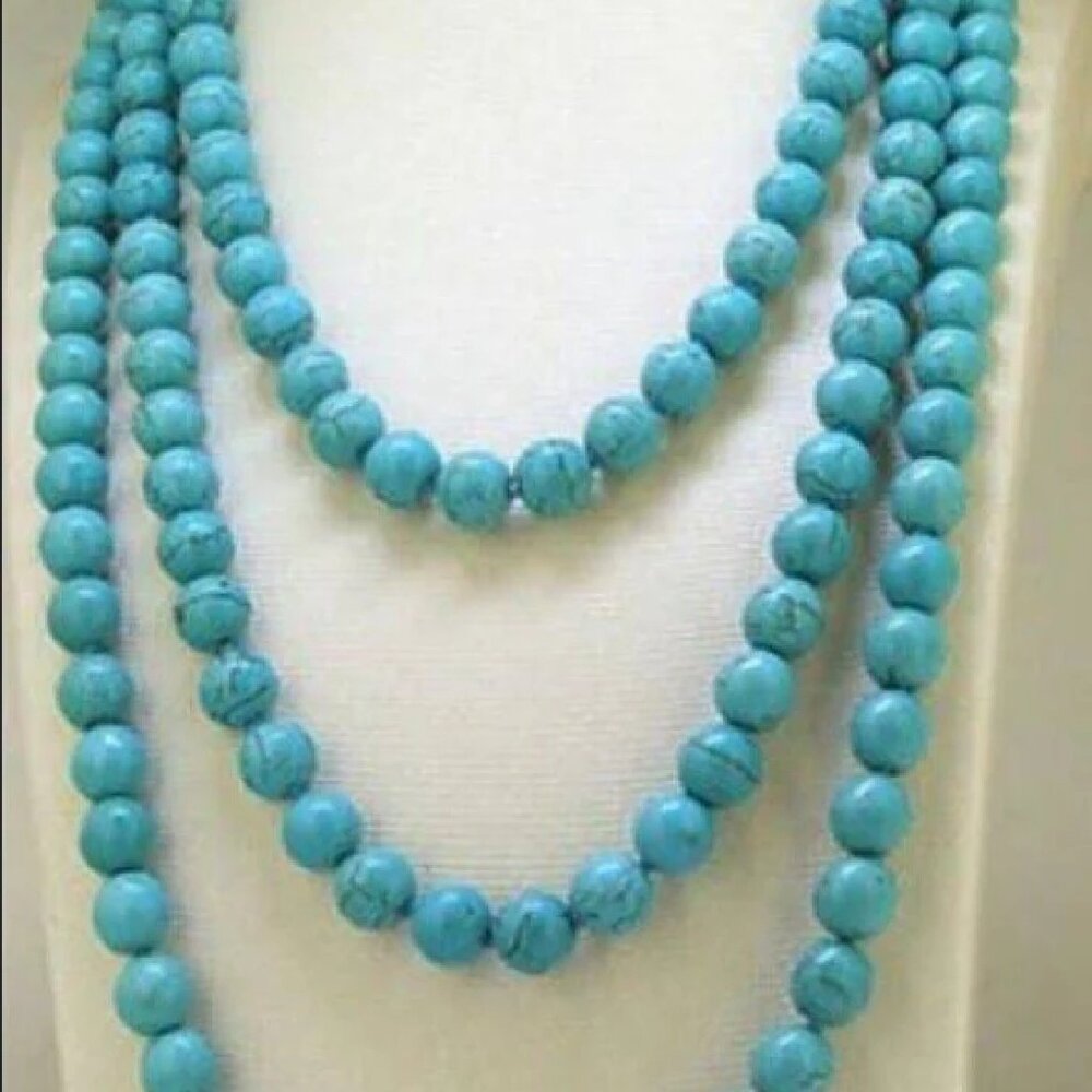 Genuine Natural 8mm Blue Turquoise Gemstone Necklace 50" SG-0094